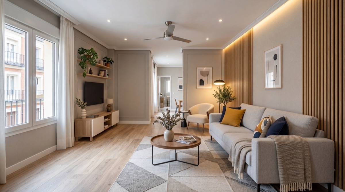 Salón renovado sin obras en Madrid