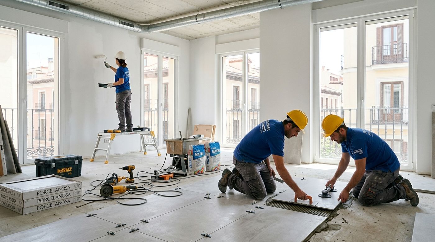Equipo profesional de Ricaz Reformas trabajando en una reforma integral en Madrid